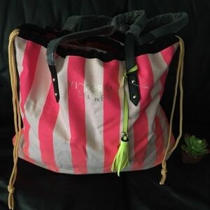 Victoria's Secret Neon Pink and Black Striped Tote